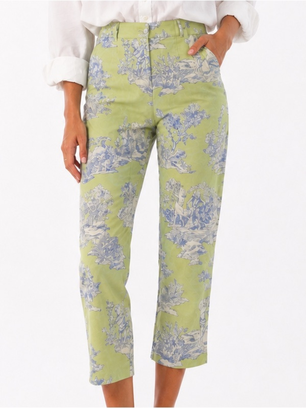 $300 Steven Stolman Cotton Capri Pants Green & Blue Toile Print Cropped US 6